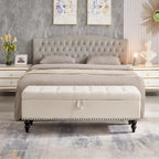 Soft Fabric Upholstery Storage Bench with Solid Wood Legs and Bronze Nails