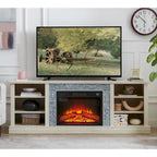 Modern TV Media Stand with 23 Fireplace Insert, Large Faux Stacked Stone TV Desk Storage Rack