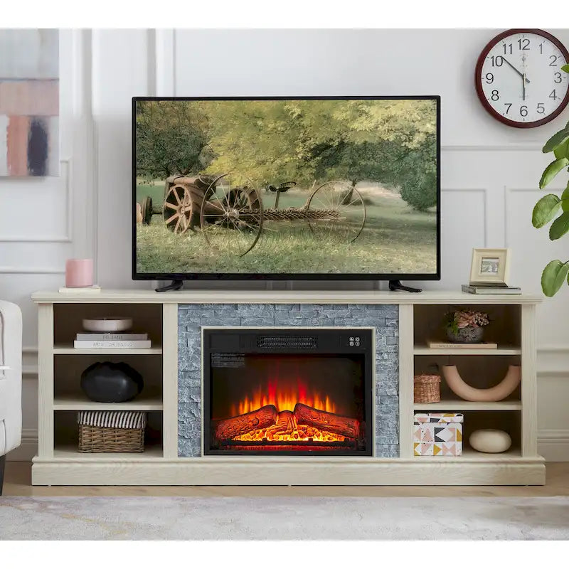 Modern TV Media Stand with 23 Fireplace Insert, Large Faux Stacked Stone TV Desk Storage Rack
