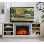 Modern TV Media Stand with 23 Fireplace Insert, Large Faux Stacked Stone TV Desk Storage Rack
