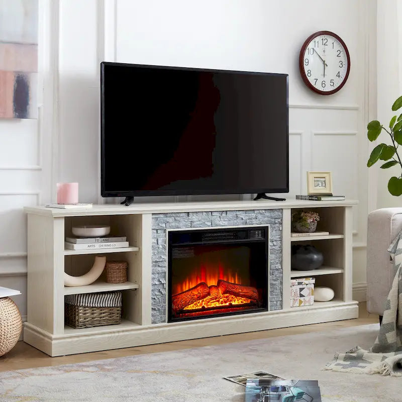 Modern TV Media Stand with 23 Fireplace Insert, Large Faux Stacked Stone TV Desk Storage Rack