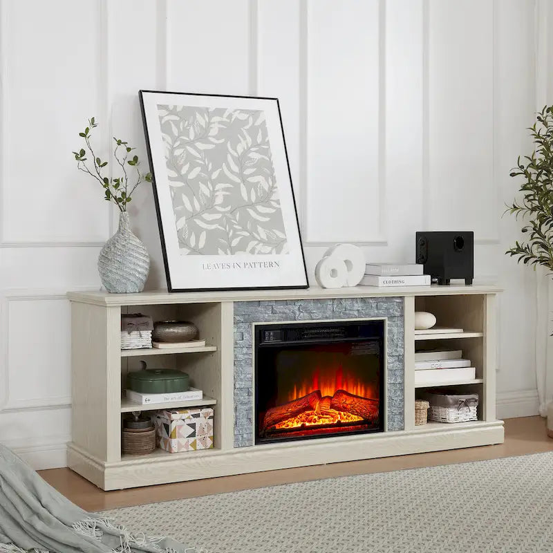 Modern TV Media Stand with 23 Fireplace Insert, Large Faux Stacked Stone TV Desk Storage Rack