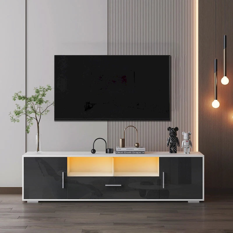 Gray 62.99 TV Stand with LED Lights, Cabinets, and Open Shelves for TVs Up to 65