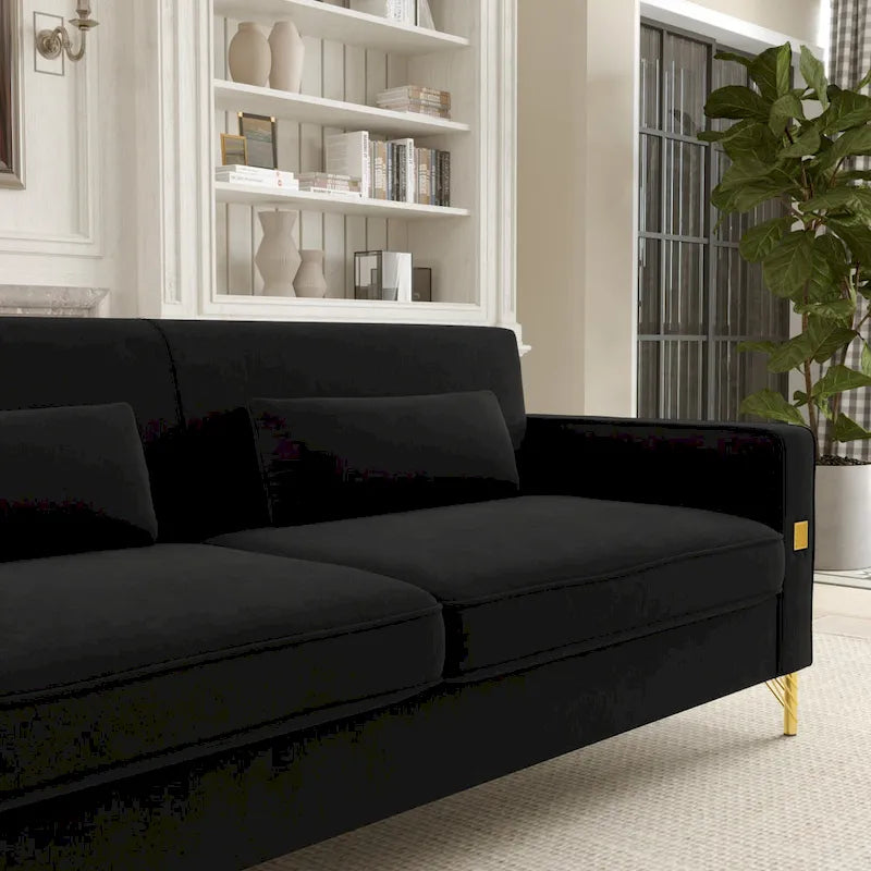 Black 85.63 Velvet 3-Seater Sofa with Gold Accents