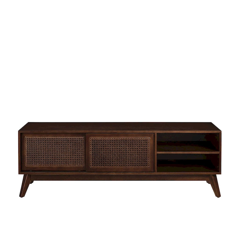 Walnut 59 TV Stand with Open Shelves & Rattan Doors for 65 TVs