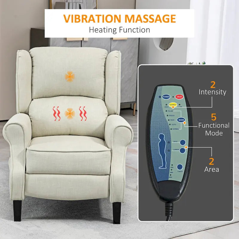 White Linen Wingback Recliner with Vibration Massage, Heat, Footrest