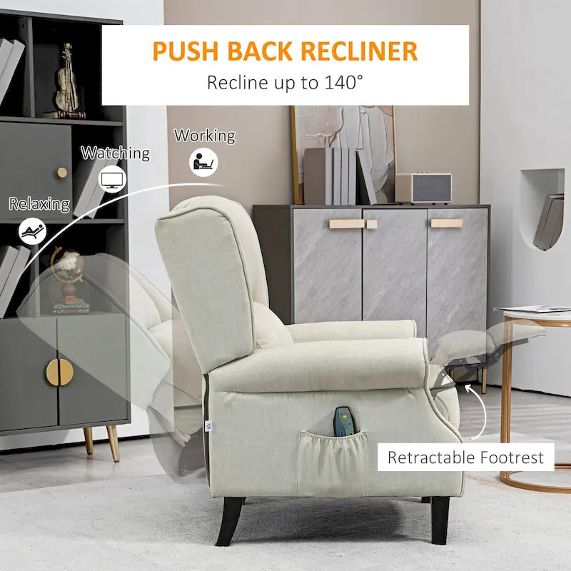 White Linen Wingback Recliner with Vibration Massage, Heat, Footrest