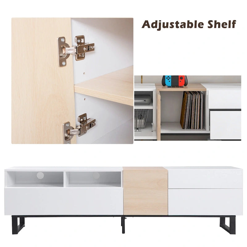 White+Natural 70.9 TV Stand with Storage and Drop Down Door for TVs Up to 80