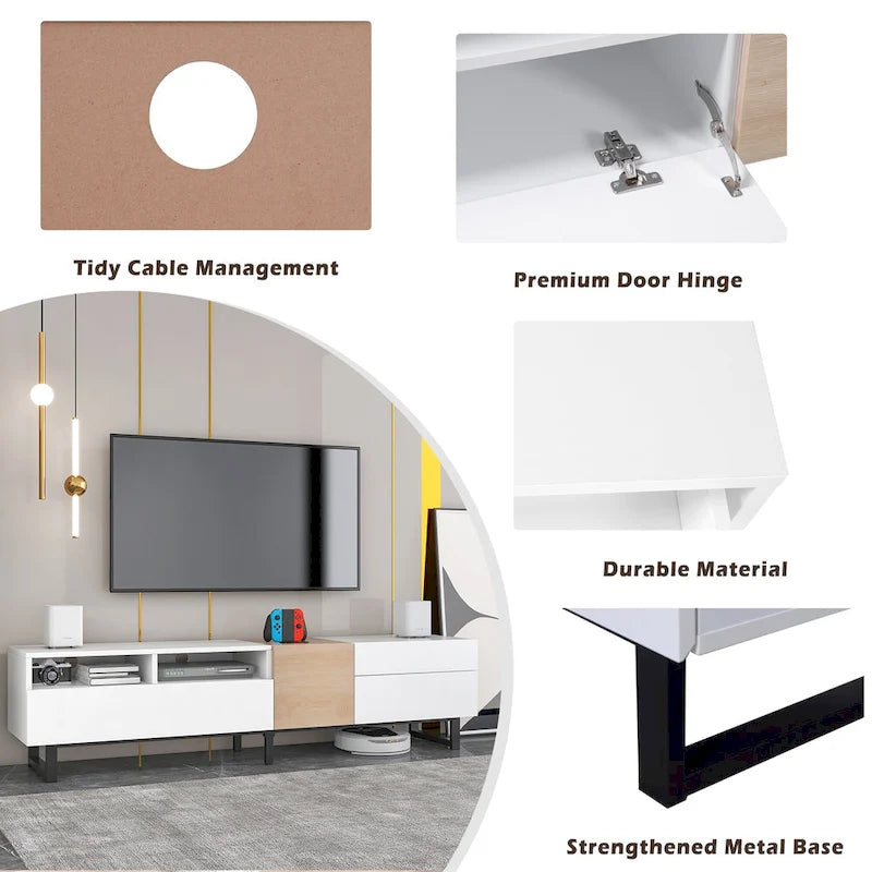 White+Natural 70.9 TV Stand with Storage and Drop Down Door for TVs Up to 80