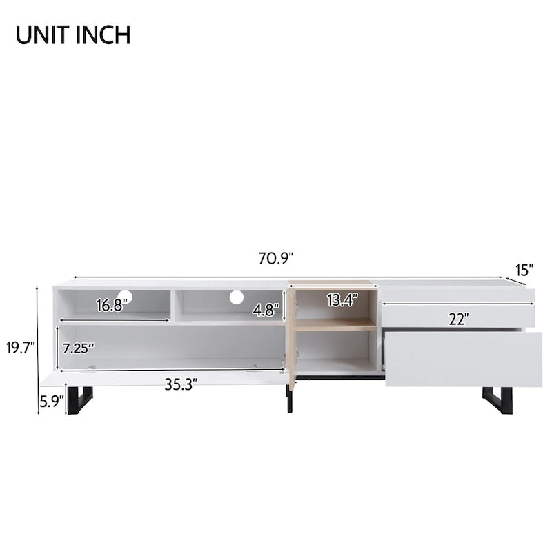 White+Natural 70.9 TV Stand with Storage and Drop Down Door for TVs Up to 80
