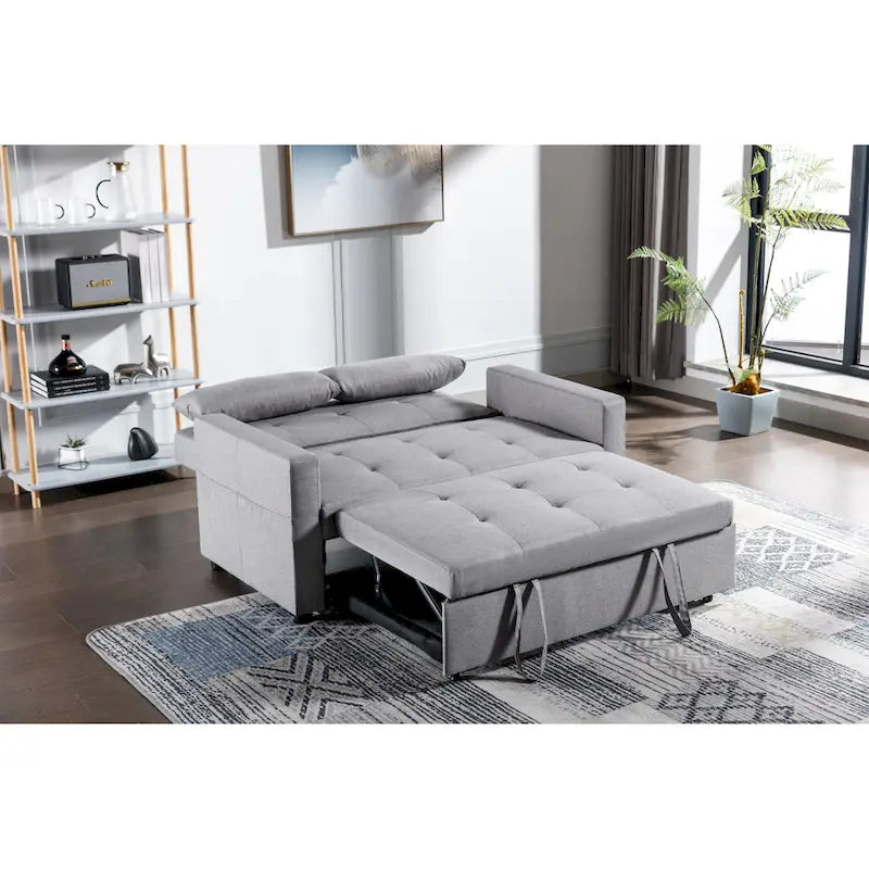 55.12 3-in-1 Linen Loveseat Convertible Sofa Bed with Side Pocket and Pillows