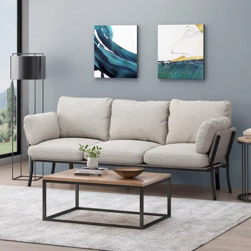 Modern 80.25 3-Seater Sofa with Flared Arms, Pillows, and Wood Legs