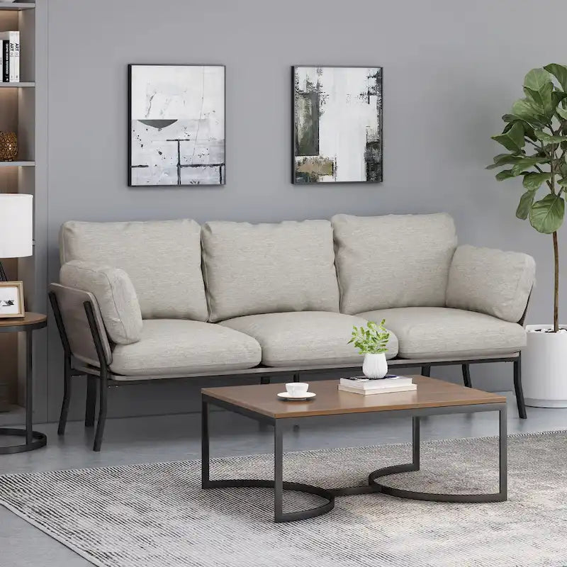Modern 80.25 3-Seater Sofa with Flared Arms, Pillows, and Wood Legs