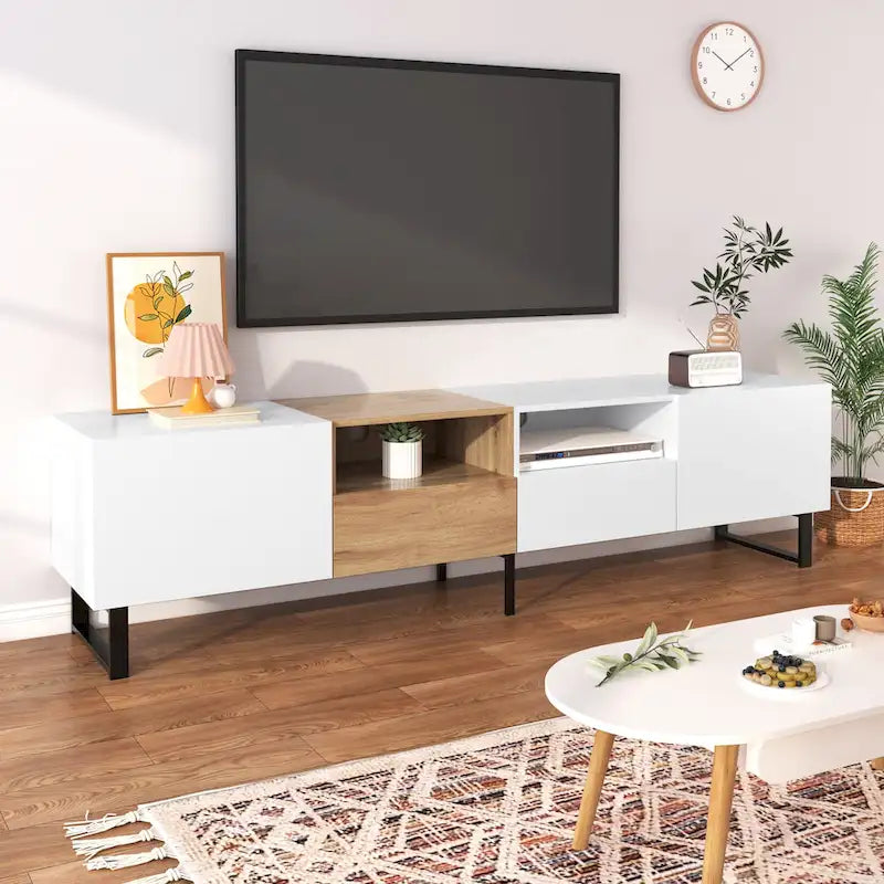 TV Stand with 2 Cabinets and Open Storage Compartment