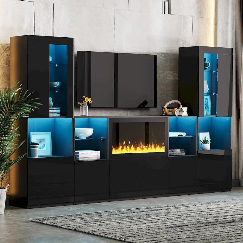 TV Stand with 34.2 Non-heating Electric Fireplace,Entertainment Center with LED Light,Tempered Glass Shelves for TVs up to 75