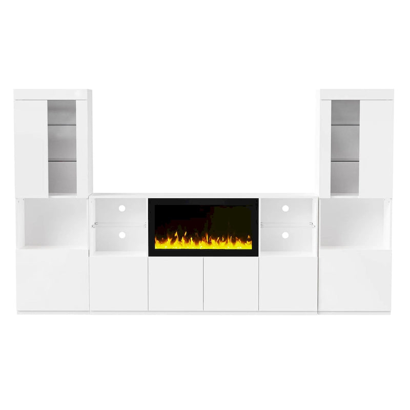 TV Stand with 34.2 Non-heating Electric Fireplace,Entertainment Center with LED Light,Tempered Glass Shelves for TVs up to 75