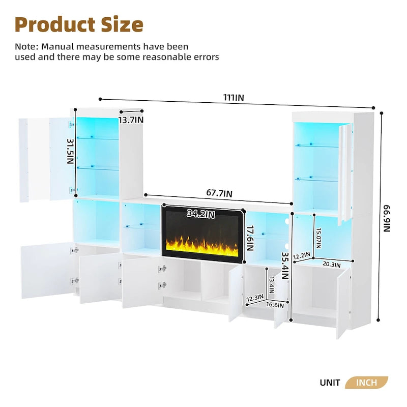 TV Stand with 34.2 Non-heating Electric Fireplace,Entertainment Center with LED Light,Tempered Glass Shelves for TVs up to 75