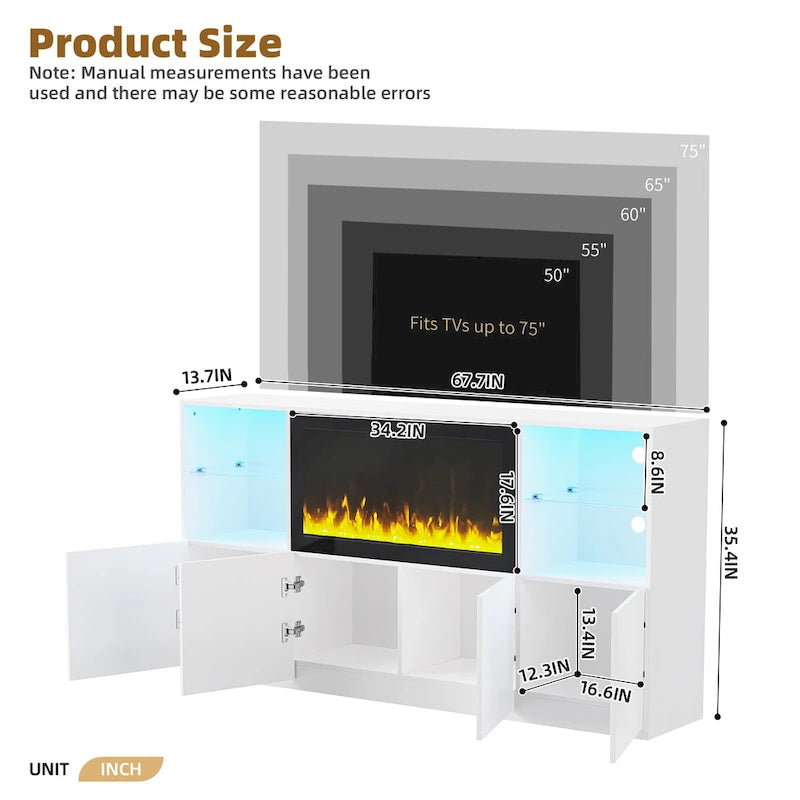 TV Stand with 34.2 Non-heating Electric Fireplace,Entertainment Center with LED Light,Tempered Glass Shelves for TVs up to 75