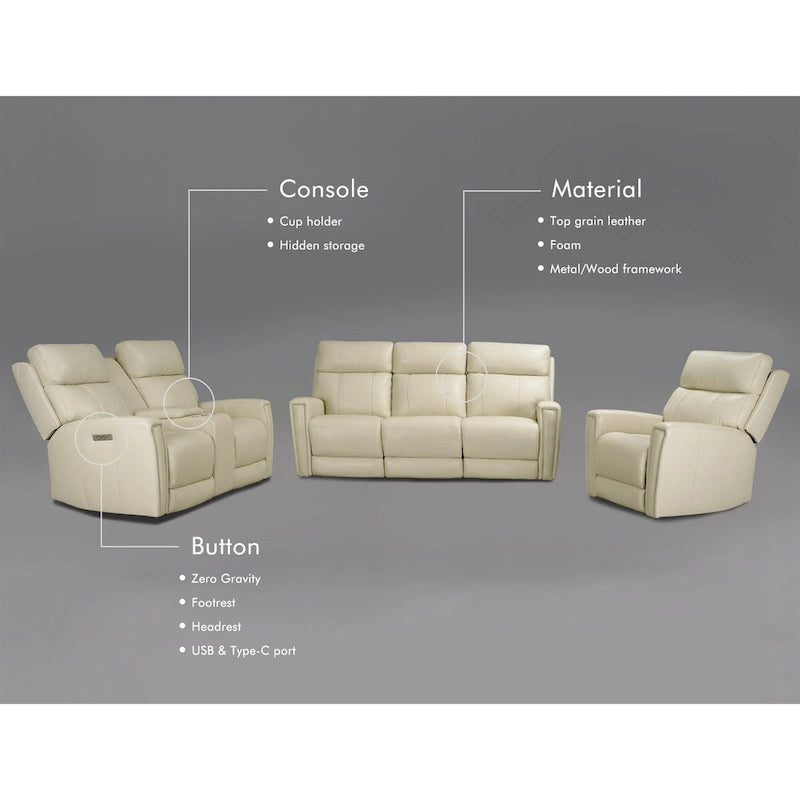 Genuine Leather 3-Piece Power Reclining Sofa Set with Power Headrest and USB&USB-C Port, Zero Gravity