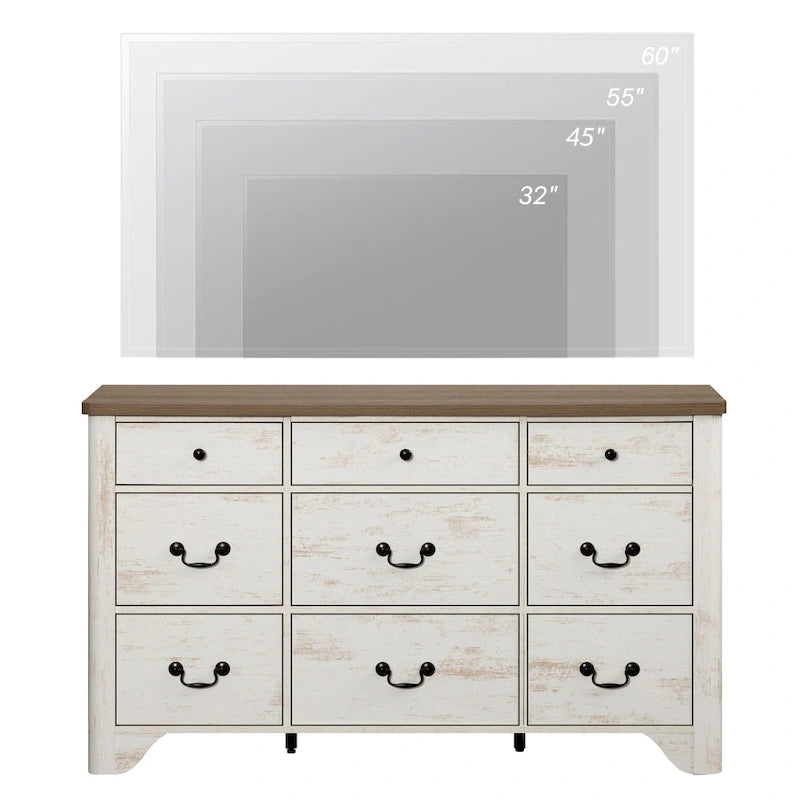 WAMPAT 53.5 Wide Farmhouse White Dresser TV Stand with Curved Edge Design and Wide Chests of Drawers