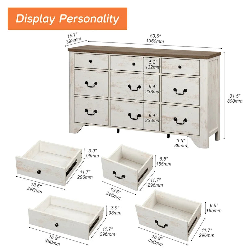 WAMPAT 53.5 Wide Farmhouse White Dresser TV Stand with Curved Edge Design and Wide Chests of Drawers