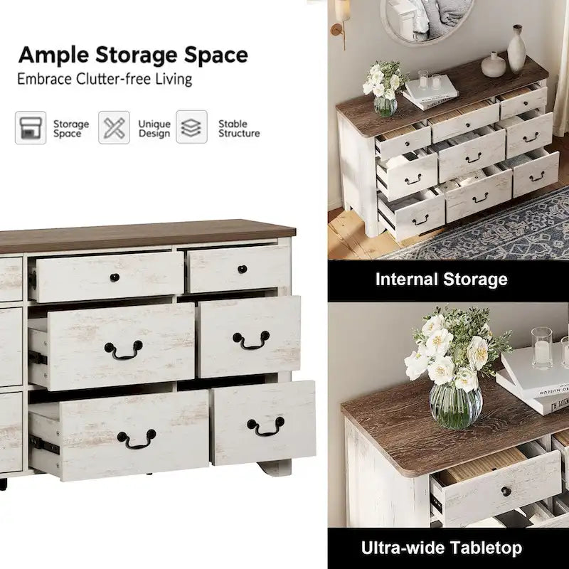 WAMPAT 53.5 Wide Farmhouse White Dresser TV Stand with Curved Edge Design and Wide Chests of Drawers