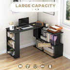 Modern L Shaped Computer Desk with 360 Rotating Support and Built In Shelves for Home Office or Bedroom