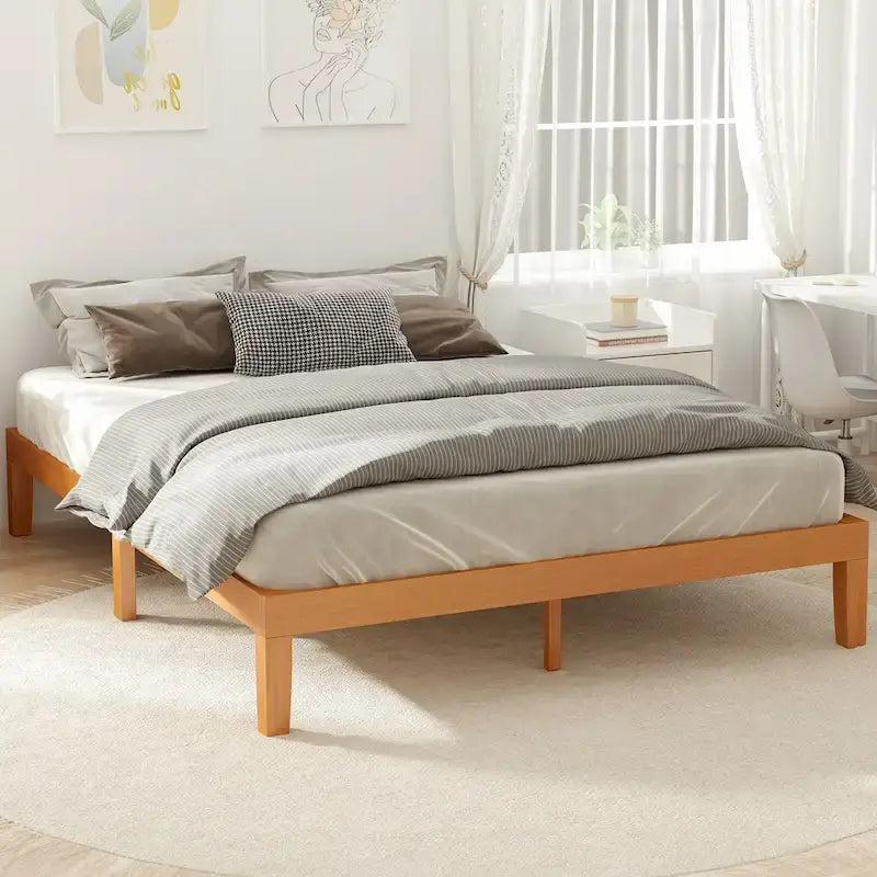 Queen Size Solid Wood Platform Bed with 1000lb Capacity & Storage