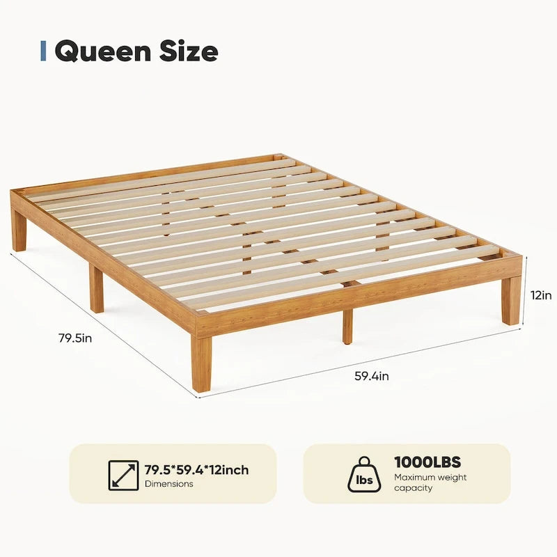 Queen Size Solid Wood Platform Bed with 1000lb Capacity & Storage
