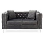 Tufted Nailhead Trim Velvet 2-Seater Sofa with Throw Pillows - 63 - Gray