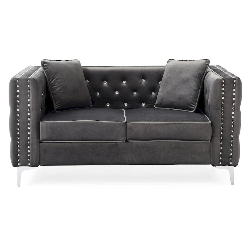 Tufted Nailhead Trim Velvet 2-Seater Sofa with Throw Pillows - 63 - Gray
