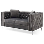 Tufted Nailhead Trim Velvet 2-Seater Sofa with Throw Pillows - 63 - Gray