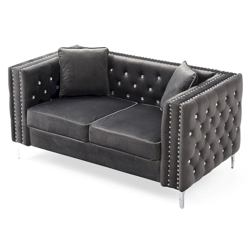 Tufted Nailhead Trim Velvet 2-Seater Sofa with Throw Pillows - 63 - Gray