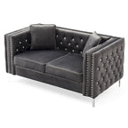 Tufted Nailhead Trim Velvet 2-Seater Sofa with Throw Pillows - 63 - Gray