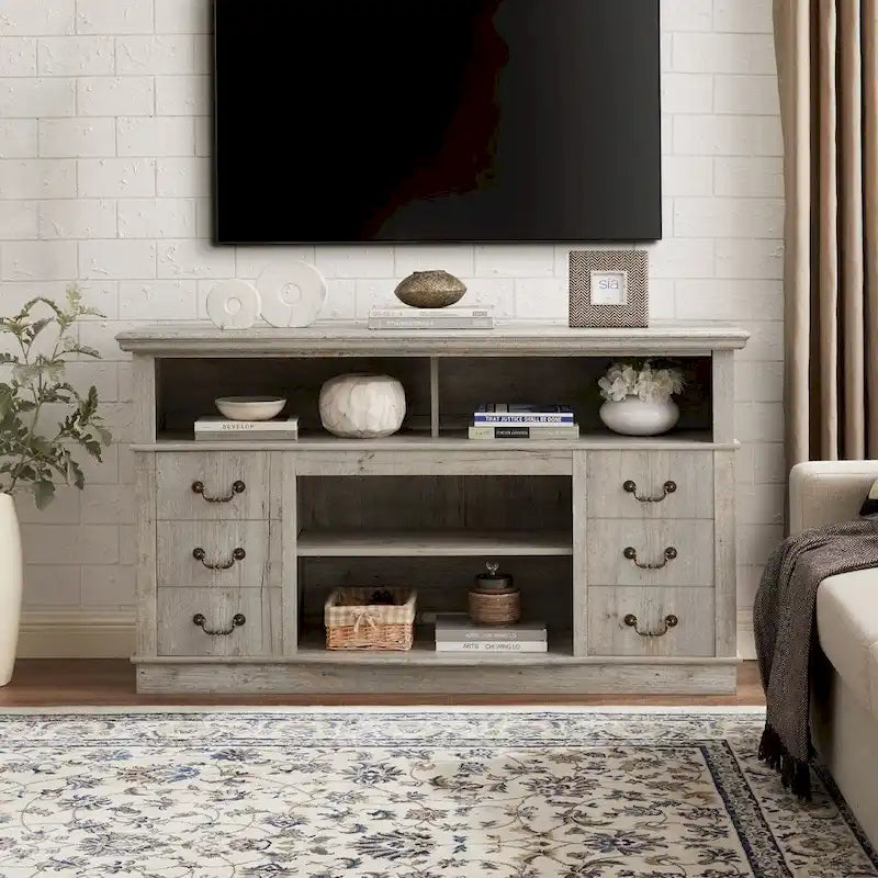 Traditional Rustic Farmhouse TV Stand with 6 Drawer, 4 Storage Shelf and Cable Management For Living Room Bedroom
