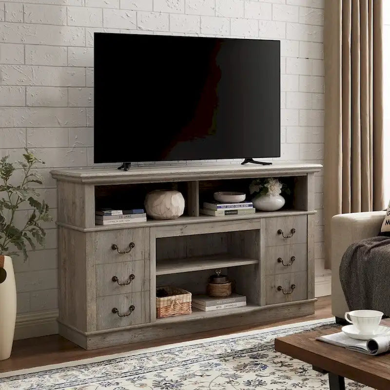Traditional Rustic Farmhouse TV Stand with 6 Drawer, 4 Storage Shelf and Cable Management For Living Room Bedroom