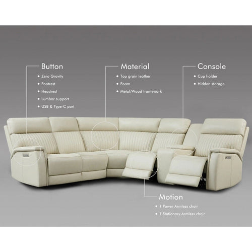105 W Genuine Leather Power Sectional with Recliner Sofa Set with Single Console, USB&USB-C Ports, 1 Power ArmlessChair