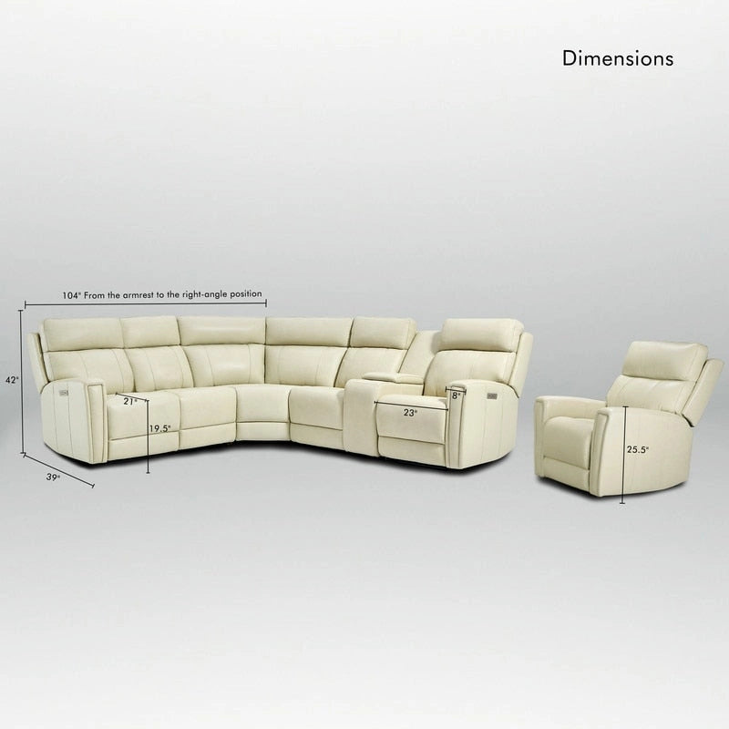 104 W 6 Seater Genuine Leather Power Sectional and 39 W Recliner Set with Zero Gravity, USB Ports, 2 stationaryarmlesschairs