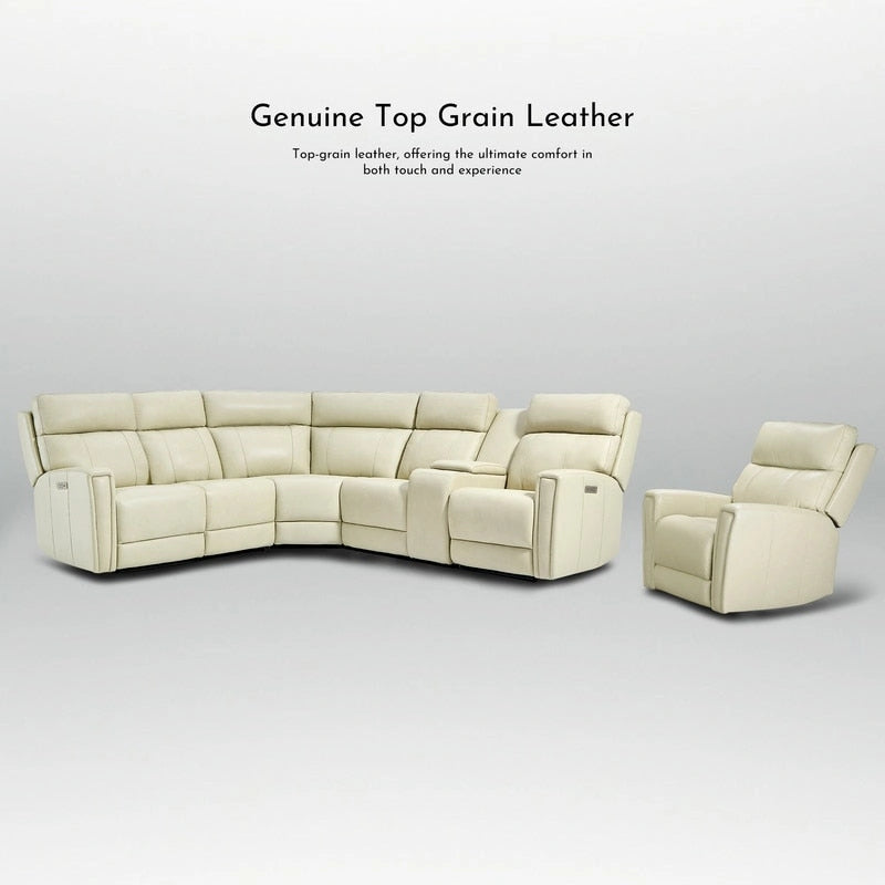 104 W 6 Seater Genuine Leather Power Sectional and 39 W Recliner Set with Zero Gravity, USB Ports, 2 stationaryarmlesschairs