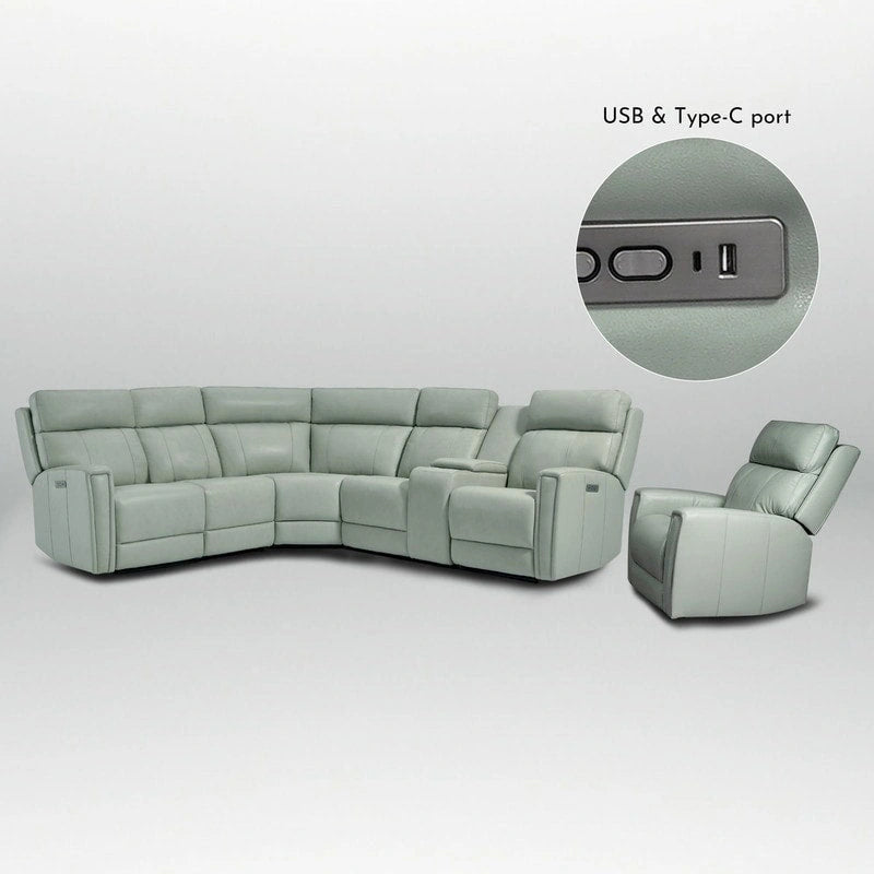 104 W 6 Seater Genuine Leather Power Sectional and 39 W Recliner Set with Zero Gravity, USB Ports, 2 stationaryarmlesschairs