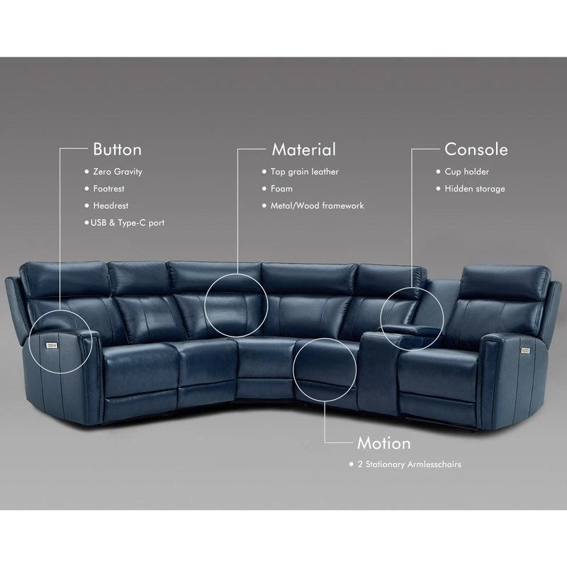 104 W 6 Seater Genuine Leather Power Sectional and 39 W Recliner Set with Zero Gravity, USB Ports, 2 stationaryarmlesschairs