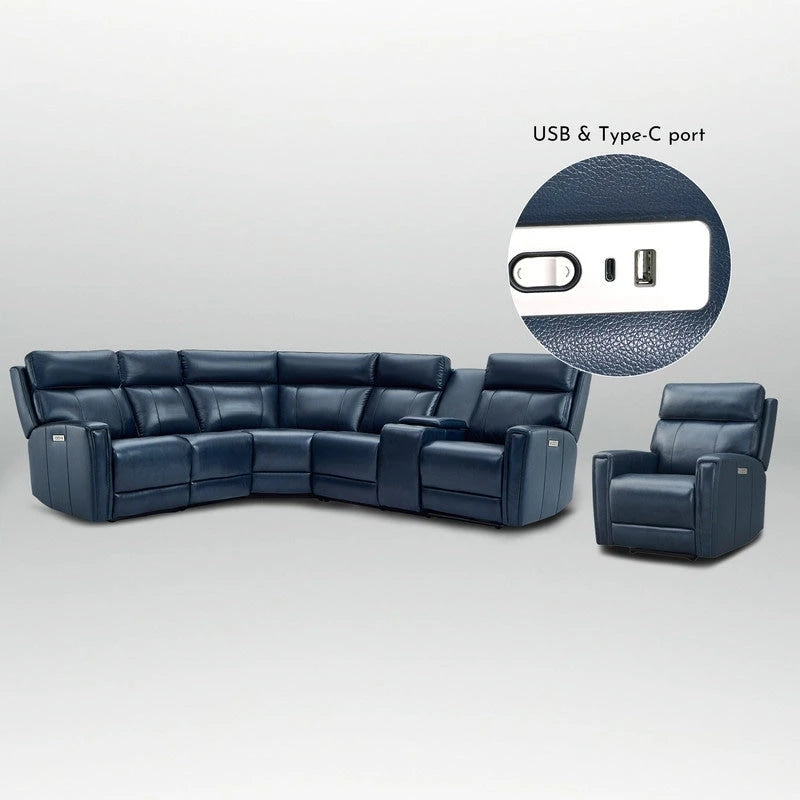 104 W 6 Seater Genuine Leather Power Sectional and 39 W Recliner Set with Zero Gravity, USB Ports, 2 stationaryarmlesschairs