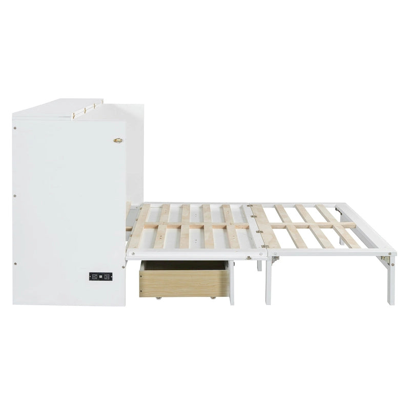 Queen Size Foldable Murphy Bed with Storage Drawers & USB Charging,Space Saving Wall Bed