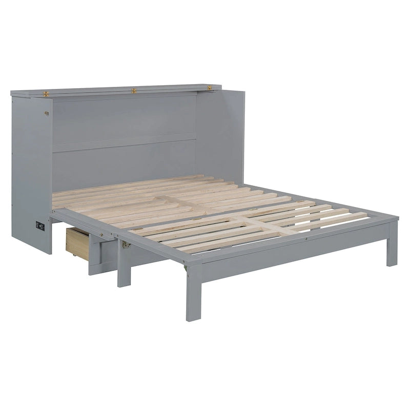 Queen Size Foldable Murphy Bed with Storage Drawers & USB Charging,Space Saving Wall Bed
