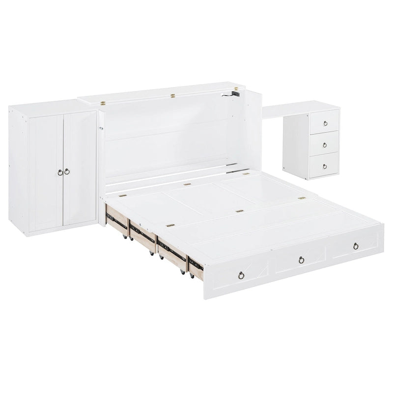 Queen Size Murphy Bed with USB Port, Large Drawer and Desk Combo for Bedroom