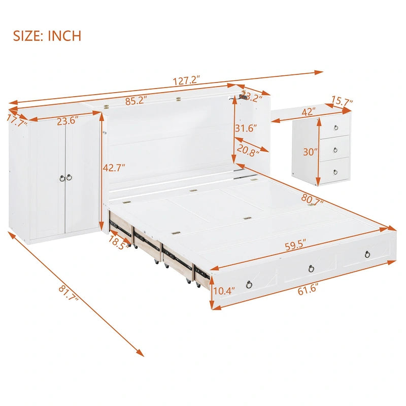 Queen Size Murphy Bed with USB Port, Large Drawer and Desk Combo for Bedroom