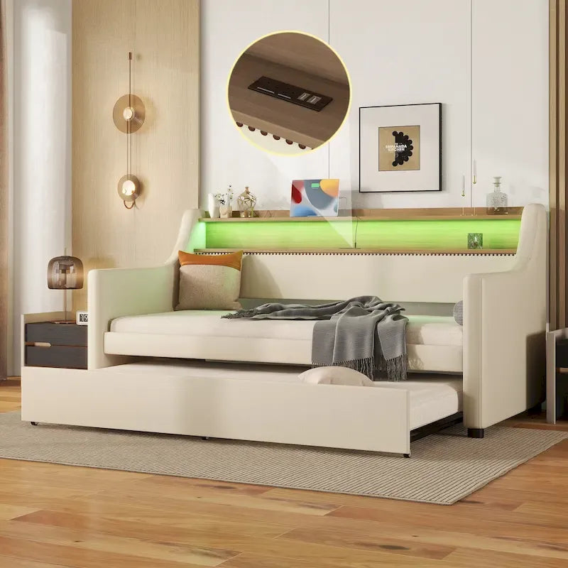Beige Twin Size Upholstered Daybed with Trundle and LED