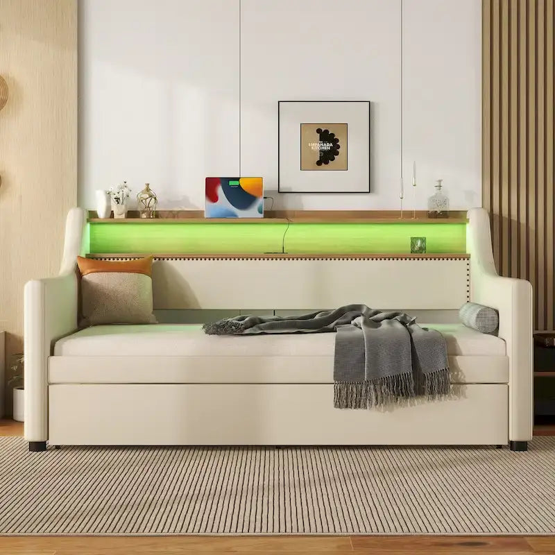 Beige Twin Size Upholstered Daybed with Trundle and LED