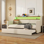 Beige Twin Size Upholstered Daybed with Trundle and LED
