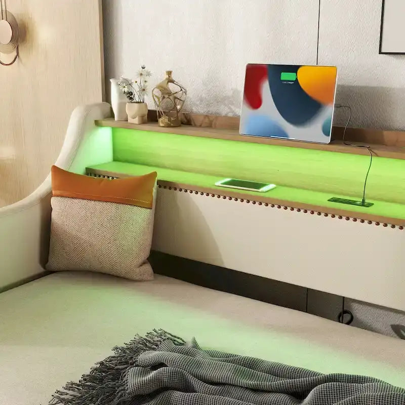 Beige Twin Size Upholstered Daybed with Trundle and LED
